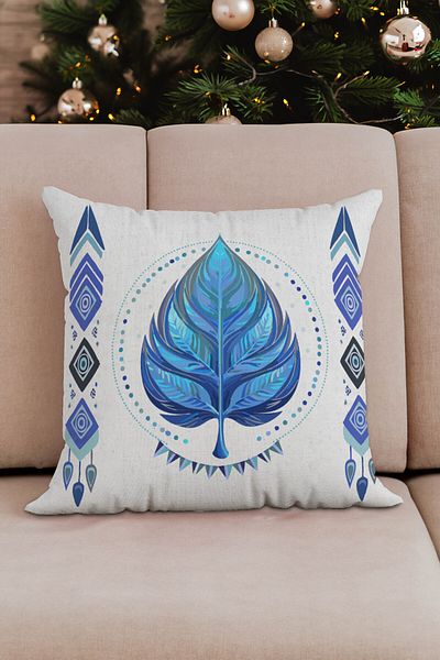 Sakallı Set de huse de pernă decorative din 4 piese cu model de frunze albastre etnice boeme, fundal bej, imprimat digital