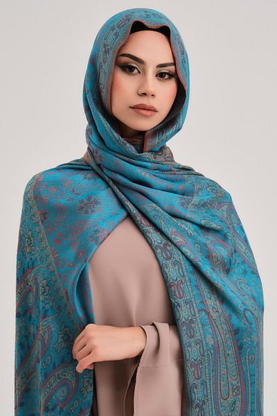 ELF PRIVE Turquoise Ethnic Cashmere Woven Shawl
