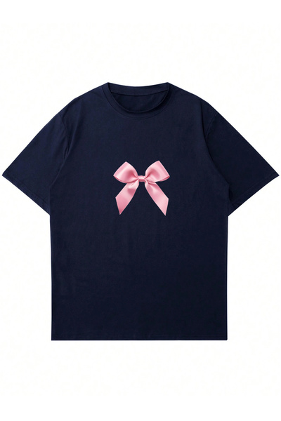 Mad&Calf Women's Pink Ribbon Printed Crew Neck Oversize Tshirt