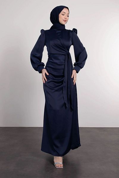 ayrobin Rochie de seara din satin cu cravata laterala plisata, albastru bleumarin