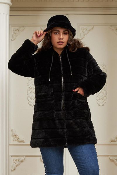 RMG Plus Size Long Black Plush Coat with Pocket Detail