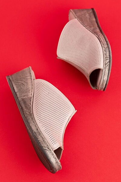 Gondol Hakiki Deri Dolgu Topuklı Yumuşak Taban Rahat Terlik Irm.74