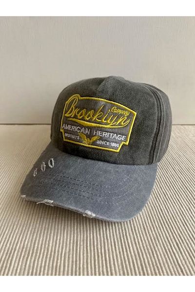 CosmoOutlet Brooklyn Embroidered Washed Vintage Model 100% Cotton Adjustable Back Grey-Black Hat