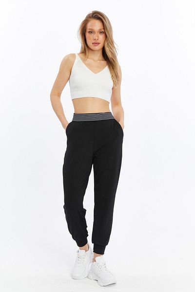 Grenj Fashion Pantaloni de sport negri cu talie înaltă, cu dungi din cauciuc