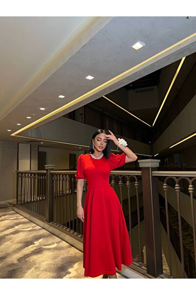 vuvutasarım Scuba Crepe Fabric Short Balloon Sleeves Women's Midi Evening Dress 583151