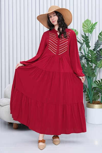 AYASOFYA OTANTIK Rochie lungă cu mânecă lungă pentru femei, burgundă, cu broderie autentică, cu închidere cu nasturi, cu guler cu plăcuță