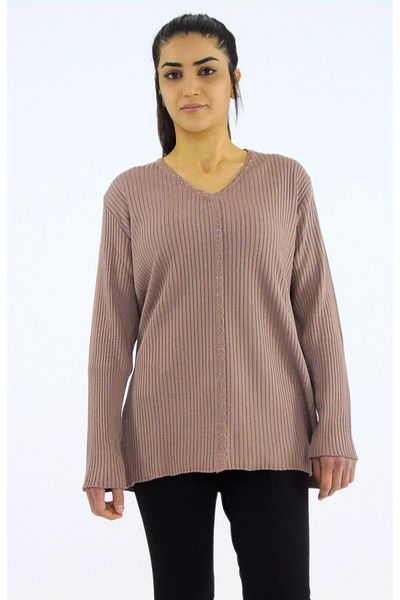 Tuğra V-Neck Full Needle Ribbed Knitwear Sweater