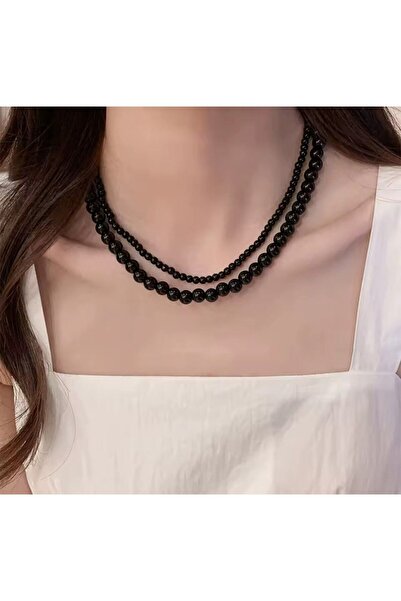 MODAELMAS1 قلادة من اللؤلؤ الأسود ذات طبقتين تكمل أناقتك