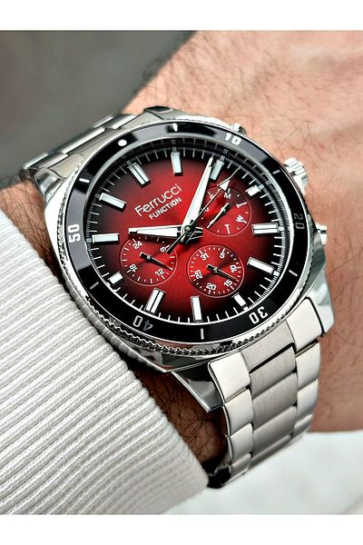 Ferrucci Function Silver-Burgundy Color Steel Band Men's Wrist Watch