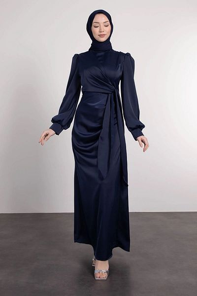 ayrobin Rochie de seara din satin cu cravata laterala plisata, albastru bleumarin