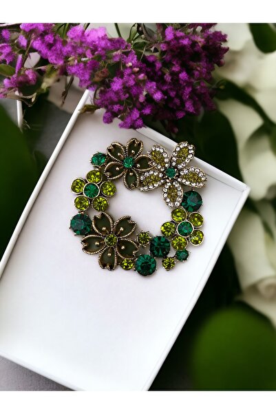 FAYRA ACCESSORIES Yeşil Çiçek Çelenk Broş