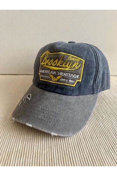 CosmoOutlet Brooklyn Embroidered Washed Vintage 100% Cotton Back Adjustable Grey-Navy Cap