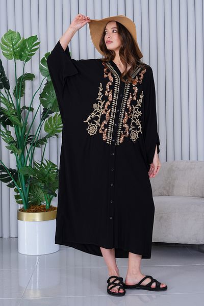 AYASOFYA OTANTIK Women's Black Sequin Embroidery Detailed Button Closure Oversize Loose Dress
