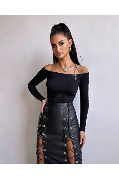 Miss Beyoğlu Siyah maxi boy iplik detaylı deri etek ve madona yaka body
