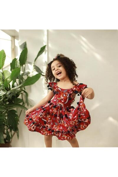 Butik Kız Çocuk Püsküllü Pamuk Viskon Elbise | Sırt Dekolteli Kız Çocuk Kıyaf...