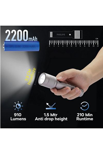 Philips 910 Lumens Aluminium Alloy Long Range LED Rechargeable Flashlight 15.1 x 2.5 x 3.8 cm
