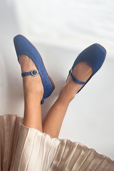STRASWANS Balerini din denim albastru Berny - Femei, Curea Detaliată, Tesatura