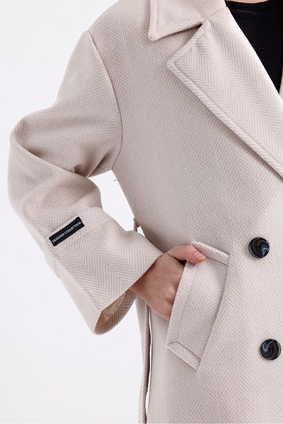 Perryes Women's Layered Collar, Fold Sleeve Detailed Oversize Long Coat with Herringbone Pattern