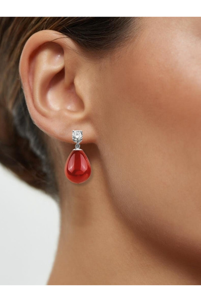 bymissmücevherat Işıltılı Tektaş Detaylı Damla Kırmızı Mercan Taşlı Gümüş Küpe