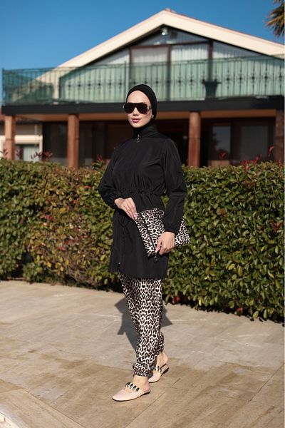 dilber fashion Leopard Pattern Hijab Swimsuit with Bone and Bag Gift, Elastic Waist and Zipper