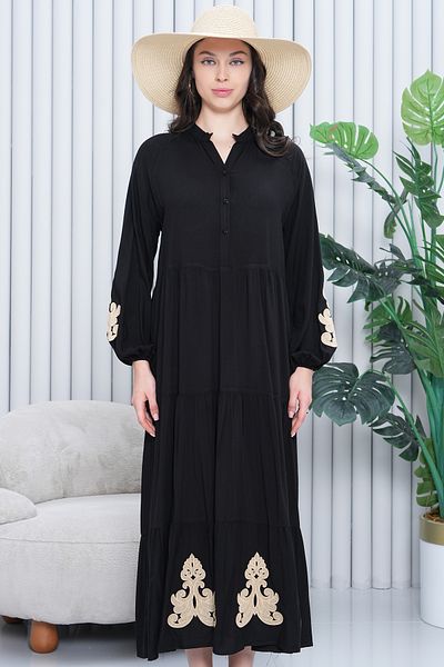 AYASOFYA OTANTIK Women's Black Button Detailed Placket Neck Ethnic Embroidery Detailed Long Sleeve Floor Length Dress