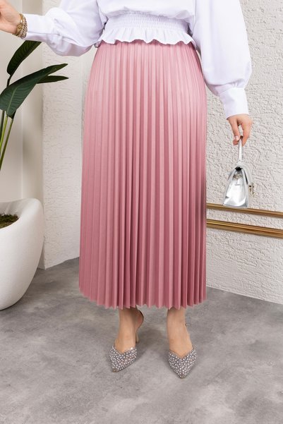 Sfg Life Moda Women's Hijab Clothing Leather Look Elastic Waist Pleated Long Skirt