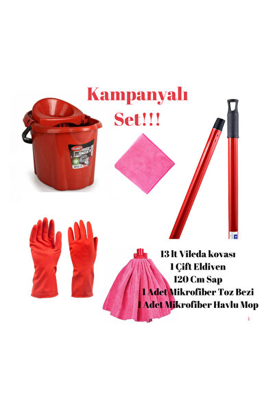 Ermet Temizlik Seti. Eldiven, Sıkma kova, Mikrofiber mop ve bez, Sap