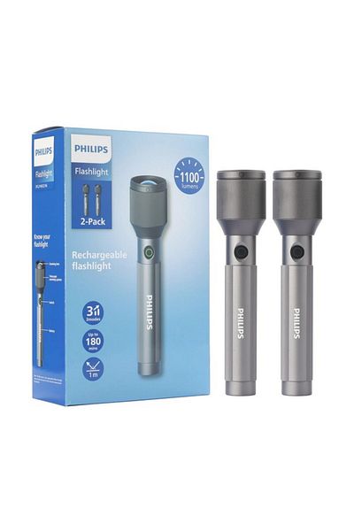 Philips 2-Piece 1100 Lumens Aircraft Aluminium Alloy Zoom LED Rechargeable Flashlight 22.5 x 3.2 x 5 cm