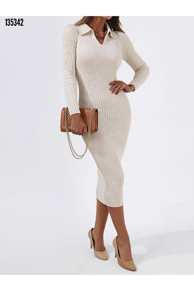 Kokosh moda Νέα σεζόν Γυναικείο μακρυμάνικο μίντι πλεκτό φόρεμα με λαιμόκοψη V