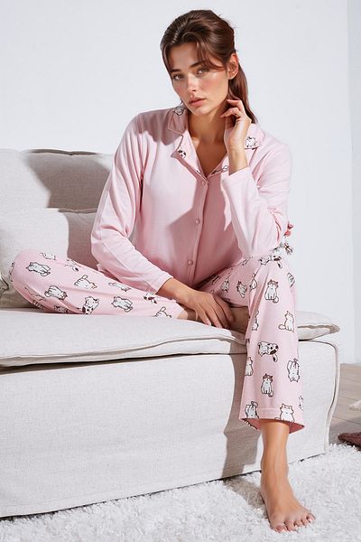 Lela Apash Collar and Print Regular Fit Wide Leg Pajamas Set - Elastic Waist 65714300