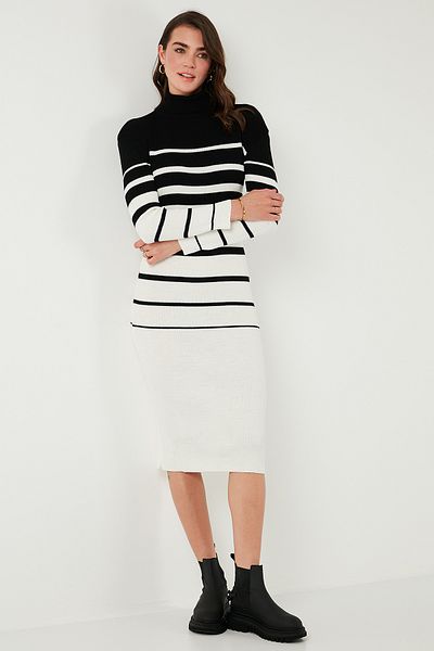 Lela Striped Wool Blended Turtleneck Midi Length Dress Dress 66910251