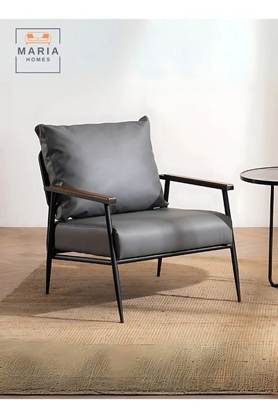 MARIA HOMES Modern Lounge Chair with Cushioned Seat and Wooden Armrest  Durable Metal Frame Perfect for Living