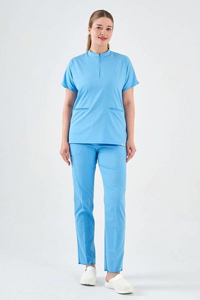 Owlet Medikal Tricou chirurgical detaliat cu fermoar Lycra albastru