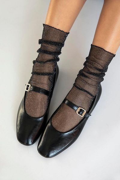 STRASWANS Black Wrinkled Leather Ballerinas - Karmin Women's Belt Detailed