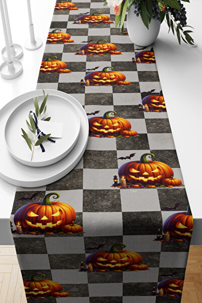Damalı Balkabağı Hallowen Desenli Leke Tutmaz Yıkanabilir Masa Örtüsü Runner
