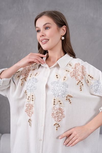 MVStore Women's Patterned Embroidery Embroidered Sequin Detailed Linen Oversize Shirt