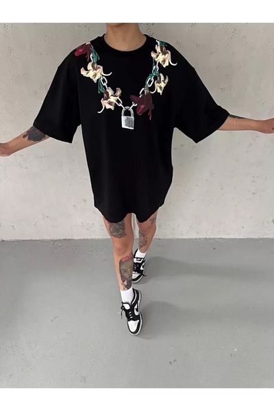 New Shine Μπλουζάκι Unisex Crew Neck Printed Oversize - Μαύρο