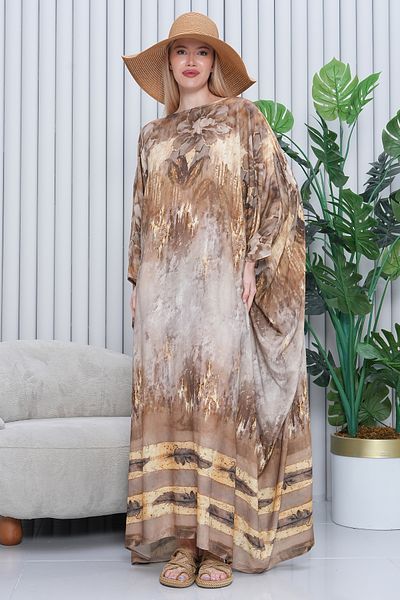 AYASOFYA OTANTIK Γυναικείο φόρεμα με καφέ σχέδιο Oversize Casual Plus Size