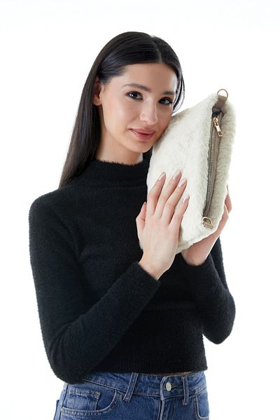 Fulla Moda Plush Clutch Bag with Feather Chain