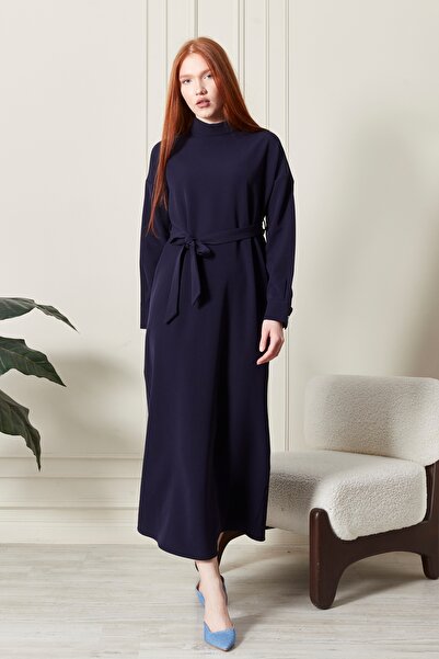 Women's Upright Neck Woven Dress with Belt Detail