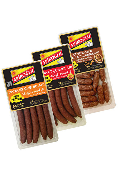 Apikoğlu Üçlü Atıştırmalık Dana Et Çubukları (110 Gr.)(Cevizli-Acılı-Sade)