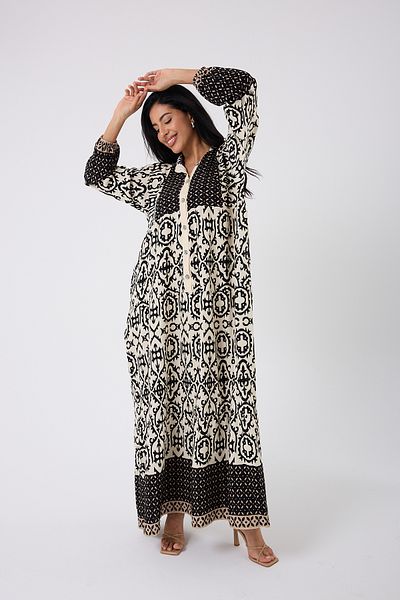 Mıncırık Kids Women's Black Cream Patterned Viscose Hijab Dress 2423