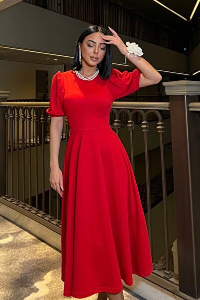 bayansepeti Kırmızı Krep Kumaş Bisiklet Yaka Prenses Kol Tasarım Kırmızı Midi Elbise 583151