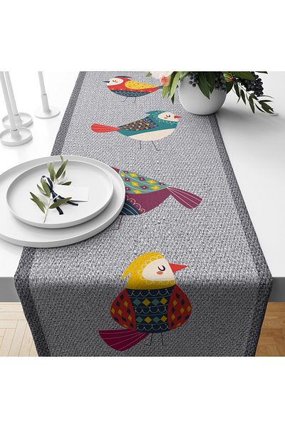 PRINTOPIA Gray Birds Patterned Stain-Resistant Washable Tablecloth Runner