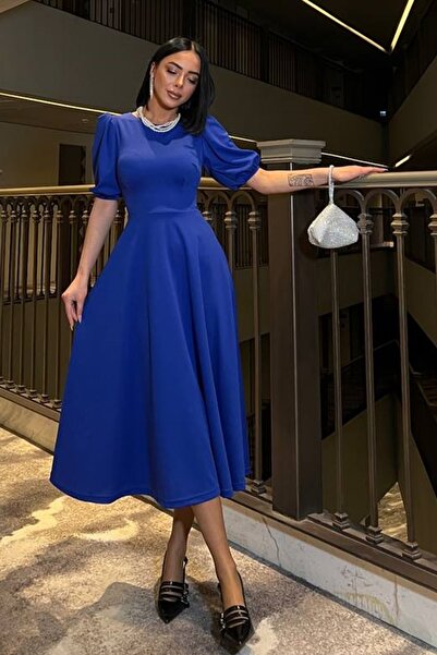 bayansepeti Saks Blue Crepe Fabric Crew Neck Princess Sleeve Design Κόκκινο Midi Φόρεμα 583151