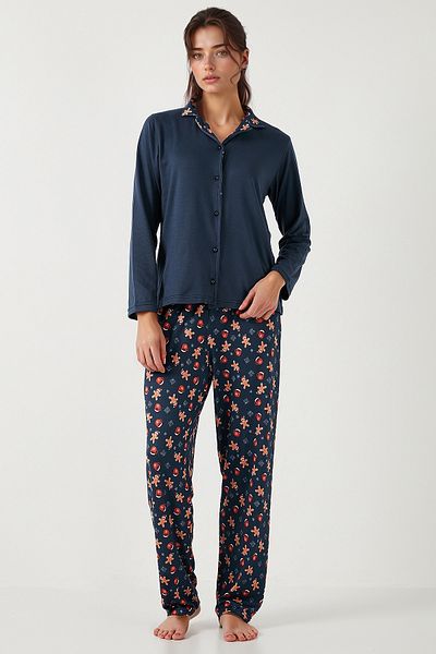 Lela Apash Collar and Print Regular Fit Wide Leg Pajamas Set - Elastic Waist 65714300