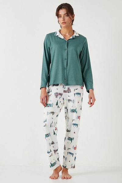 Lela Apash Collar and Print Regular Fit Wide Leg Pajamas Set - Elastic Waist 65714300