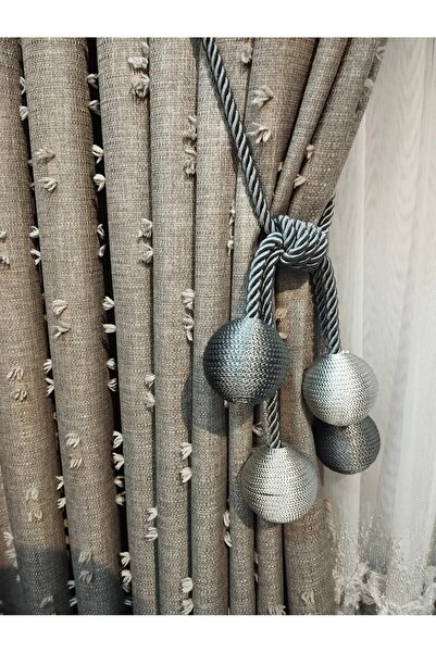 AlbiÜrün Linen Pompon Tolded Fon Curtain Stone Color