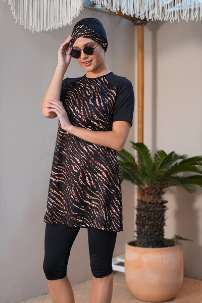 SEBOTEKS Leopar Desen Kısa Kol Yarı Kapalı Tesettür Mayo 3185