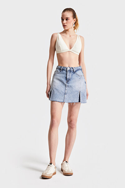 its basic Fusta de damă, culoare denim, 4S5-32, cu fante, mărime mini, 100% bumbac